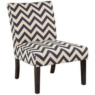 Contemporary armless accent chair. Navy and white zig zag pattern
