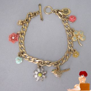 New Authentic Juicy Couture Gold Floral Charm Bracelet w/Pouch Bag