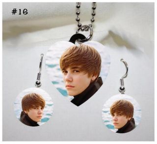 Justin Bieber Photo Charm Heart Necklace Earring Set 16
