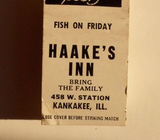 1950s Matchbook Haakes Inn Fish on Friday Kankakee IL
