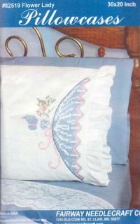 Fairway Stamped Embroidery Kit 20 x 30 Pillowcases Flower Lady 82519