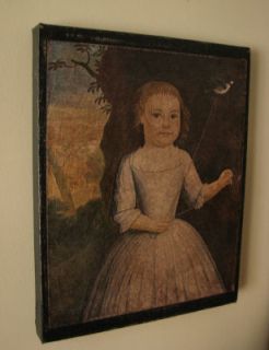 Primitive Portrait of Young Girl with Bird Print on Canvas