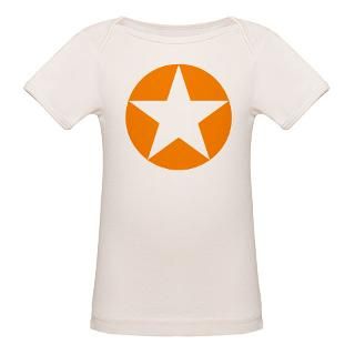 point Star in Orange Disc on T shirts, tops and a range of gift