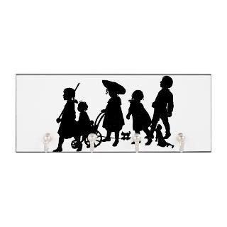 Silhouette of girl pushing a pram, dragging a doll, and boys playing