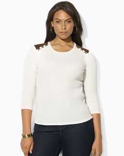 sleeve crew neck top with faux suede lacing orig $ 65 00 sale
