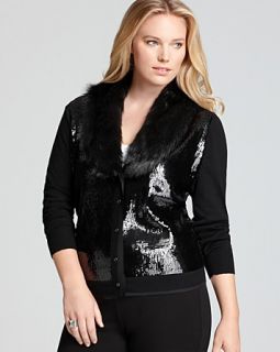 Jones New York Collection Plus Sequin Faux Fur Trimmed Cardigan