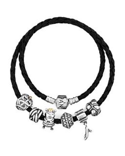 PANDORA Bracelet   Black Leather with Sterling Silver Charms