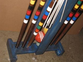 Vintage Croquet Set 4 Player Wooden Blue Rack 03G