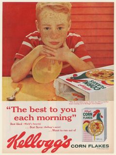 1959 Kelloggs Corn Flakes Empty Box Freckle Face Boy Print Ad