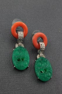Kenneth Jay Lane New Green Floral Engraved Dangle Earring One Size