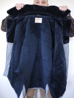 Vintage 50s Fox Knapp Blue Chevron Wool Tweed Faux Fur Lined Over Coat