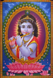 Hindu Devotional Art Poster Krishna Flute Vishnu God