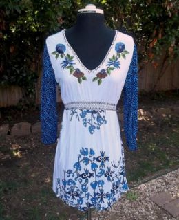 Krista Lee Peasant Top Tunic Mini Dress M s Tie Dye Embroidered Beaded