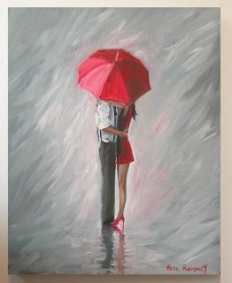 Pete Rumney Art A Moment in The Rain Painting Red Umbrella Classy Love