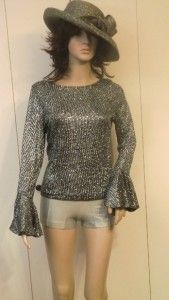 Xscape Glam Shiny Shimmery Sparkling Stretchy Silver Top Blouse Flared