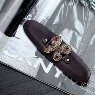 Bendable Brown Leather Rhinestone Butterfly Cuff Bracelet Champagne