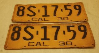 Vintage California Pair License Plates Tags 8S 17 59 1930 Old Yellow