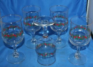 Libbey Christmas Holly and Ribbon Wine Glasses Set of 5