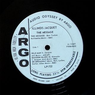 Illinois Jacquet The Message LP Argo Records LP 722 Orig US 1963 Jazz