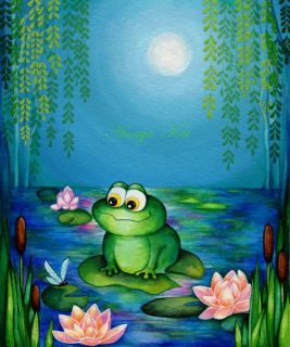 PAINTING~Little Green Frog & Dragonfly Lily Pond~Watercolor Pastel Art