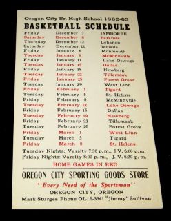 Oregon City Pioneers 1962 Basketball Wrestling Schedule