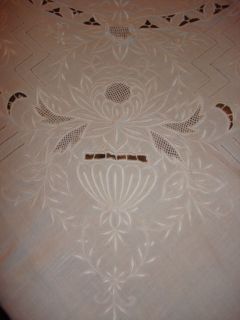 Handmade Whitework Flowers in Urns Cutwork Linen Banquet Tablecloth