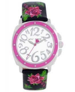 Betsey Johnson Watch, Womens Floral Printed Black Leather Strap 38mm