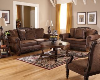 TRADITIONAL SOFA SET OLD WORLD COUCH WOOD TRIM COZY FABRIC LIVING ROOM