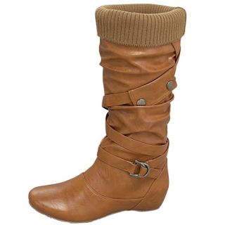 Top Moda Tan Brown Fashion Faux Leather Strap Buckle Mid Calf Boots US