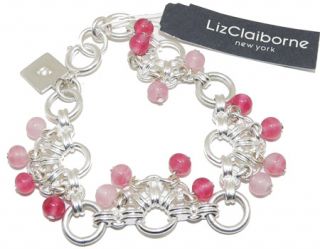 Liz Claiborne Semi Precious Pink Stone Drop Silver Teardrop Necklace