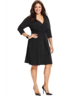 NY Collection Plus Size Dress, Three Quarter Sleeve Twisted Faux Wrap