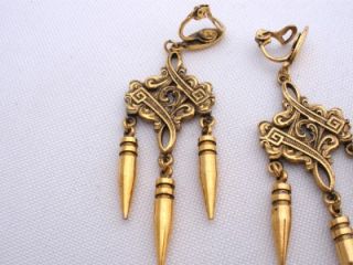 Celtic Gold Gold Tone Dangle Long Clip Earrings Estate Vintage
