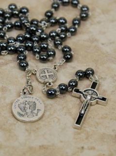 USA Army St Christopher Saint Benedict Medal Grey Black Rosary