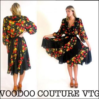 Vtg 80s Plunging V Flowey Floral Hippie Gypsy Fishtail Mini Dress