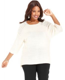 NY Collection Plus Size Sweater, Three Quarter Sleeve Studded