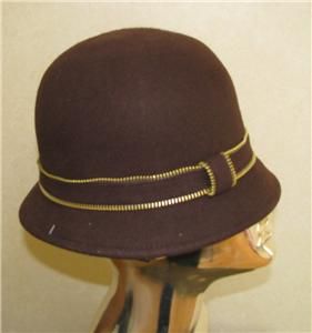 Ladies Womans Magid Brown Wool Felt Cloche Bucket Hat w Zipper Trim