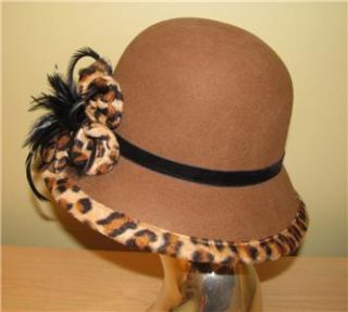Magid Camel Beige Wool Felt Cloche Hat w Leopared and Feather Trim
