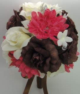 Wedding Bridal Bouquet Brown Cream Mauve Roses Mums Silk Flowers 20 PC