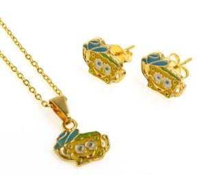 Set Gold 18k GF Spongebob Earrings Pendant Girl Kids Charm & Chain