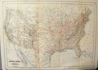 United States 1869 Map Hand Colored Railroads Indian Reservations