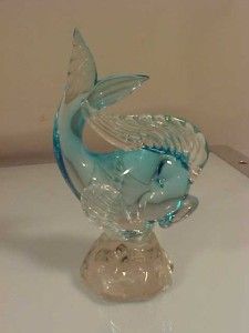 Vtg Marano Blue & Clear Fish Figure Statue Art Glass Paperweight No