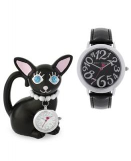 Betsey Johnson Watch and Clock Set, Womens Black Patent Leather Strap