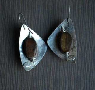 Marjorie Baer Earrings Modernist Silver Tone Dangle Wooden Bead