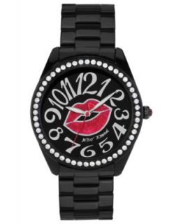 Betsey Johnson Watch and Clock Set, Womens Black Patent Leather Strap