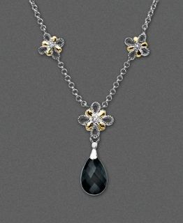 14k Gold and Sterling Silver Necklace, Onyx Teardrop and Diamond