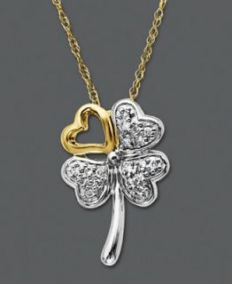 Diamond Pendant, 14k Gold and Sterling Silver Diamond Four Leaf Clover