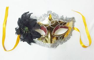 or Women Flower Luxury Masquerade Party Mask Feather n Glitter Gold