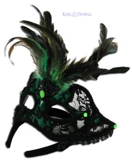 Fancy GREEN and BLACK Lace Masquerade Mask with Feathers * Lift Up