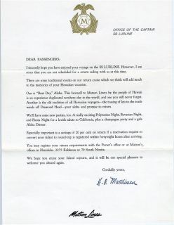 Matson Lines Captains Letter to One Way Passengers 1950S