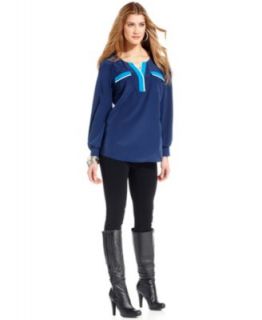 Style&co. Petite Top, Long Sleeve Colorblock High Low Blouse